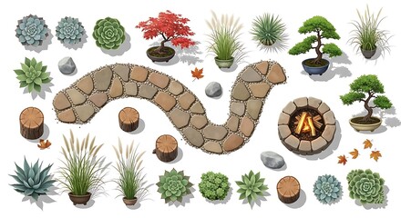 Garden design elements with stone pathway and fire pit