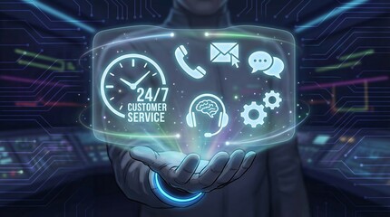 Futuristic AI customer support agent offering 24/7 digital assistance with communication and problem-solving tools