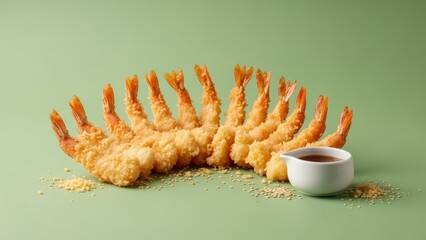Fried shrimp are arranged in a semicircle with a small white dish