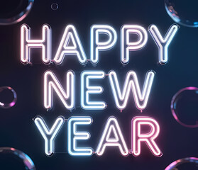 “HAPPY NEW YEAR” in clear glass text, neon light accents, modern abstract background