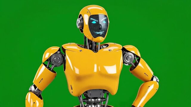 Yellow Robot Posing Confidently on Green Screen Background: AI Persona with Confident Expression and Metallic Details isolated