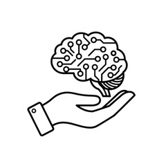 Hand holding a brain with circuit board pattern isolated on transparent background