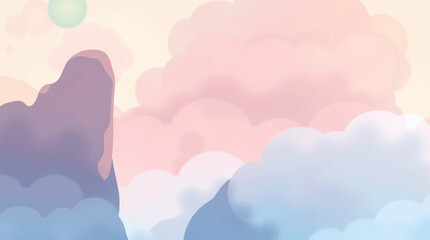 Fototapeta premium Serene Fantasy Landscape Illustration with Dreamy Pastel Clouds and a Stylized Mountain Peak under a Soft Sky
