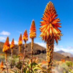 Close-up of vibrant orange flowers against blue sky