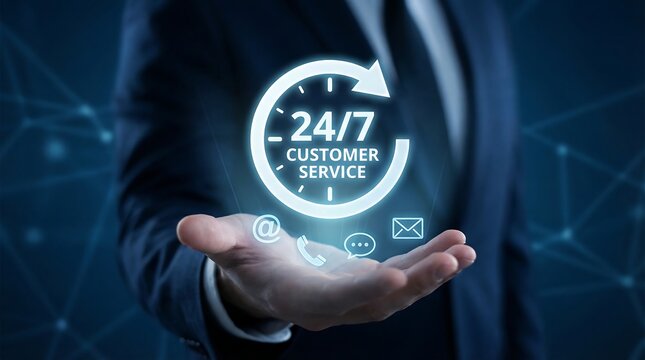 Business professional holding glowing 24/7 customer support service icon with communication symbols in futuristic setting, surrounded by email, chat, and call icons against a tech-inspired backdrop. - Powered by Adobe