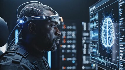 Man wearing futuristic brain-computer interface headset, interacting with virtual brain on screen - Powered by Adobe