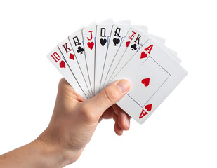 Hand Holding Playing Cards in Fanned Arrangement with Hearts