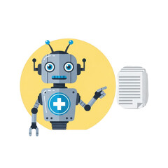 Robot with medical cross pointing at document isolated on transparent background
