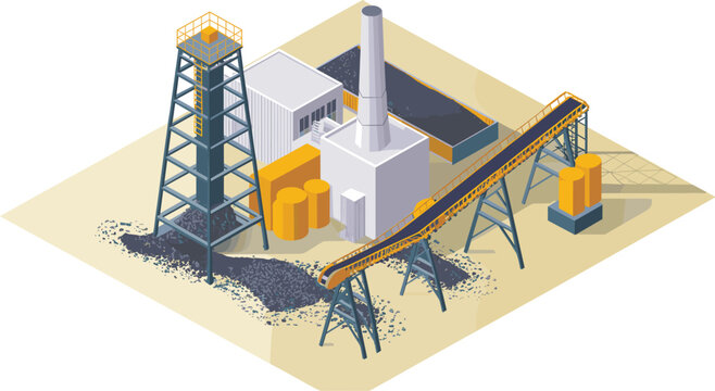 Isometric industrial mining factory illustration with refinery, conveyor belts, extraction towers, processing plant, heavy industry, resource production, manufacturing concept