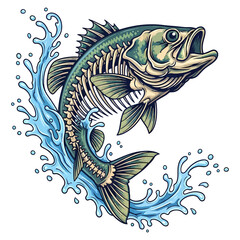 Obraz premium Largemouth bass skeleton jumping out of water with blue splash fishing vector illustration