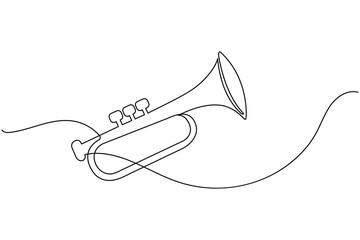 Trumpet one line art illustration of a musical instrument on white background © madhuri