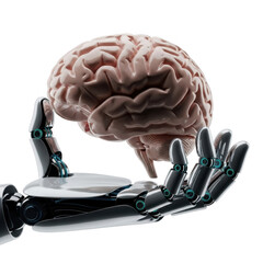 Robotic hand holding a human brain isolated on transparent background