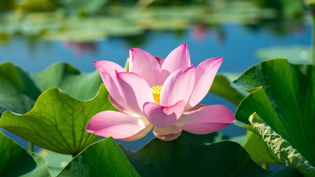 Pink lotus flower blooms on lily pads in pond, water blurred background, for nature use