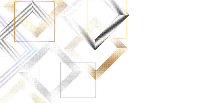 Abstract geometric pattern with metallic squares and lines on a clean white background