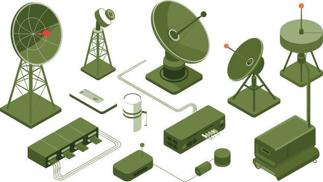 Isometric military radar communication system illustration with satellite dishes, antennas, signal towers, defense technology, surveillance equipment, army electronics, network concept