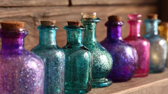 A whimsical display of small, colorful glass bottles, each filled with sparkling glitter and sealed with a rustic cork. Arranged on a wooden shelf, these charming vials evoke magic, fantasy, and creat