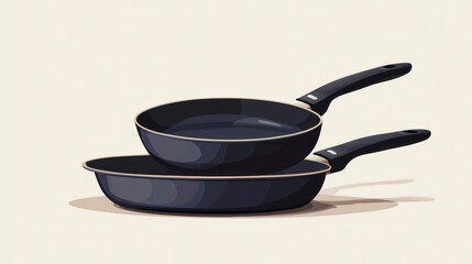 Two non stick frying pans isolated on light background culinary concept