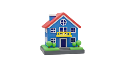 3D Cartoon house with red roof and blue walls on transparent background