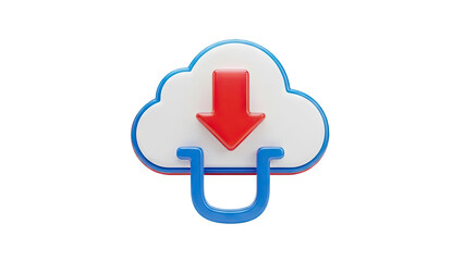 3D Cloud download icon with red arrow and blue U shape on transparent background