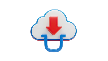 3D Cloud download icon with red arrow and blue U shape on transparent background