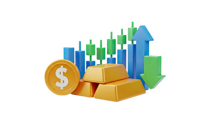 3D Financial growth and investment with gold and currency symbols on transparent background