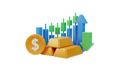 3D Financial growth and investment with gold and currency symbols on transparent background