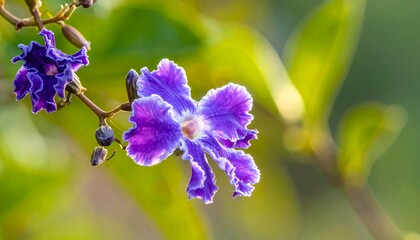 Close-up of vibrant purple flowers on a branch with blurred background