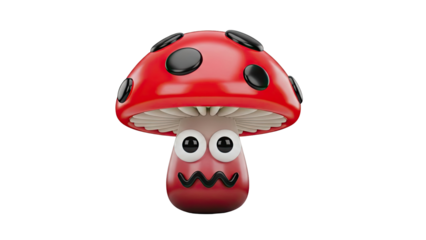 3D Cute cartoon red mushroom with black spots and big eyes on transparent background