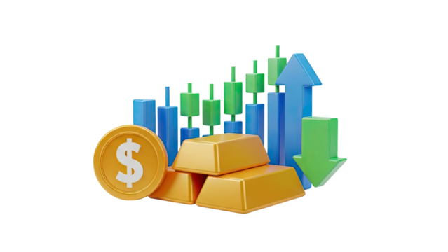 3D Financial growth and investment with gold and currency symbols on transparent background - Powered by Adobe