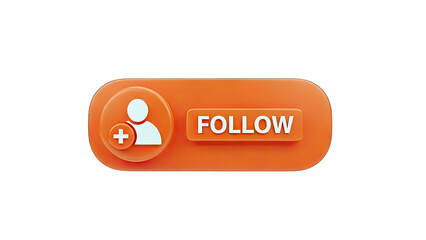 3D Follow button with user icon and plus symbol on transparent background