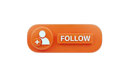 3D Follow button with user icon and plus symbol on transparent background