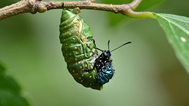 A close-up showcases a chrysalis clinging to a branch, with a developing insect visible