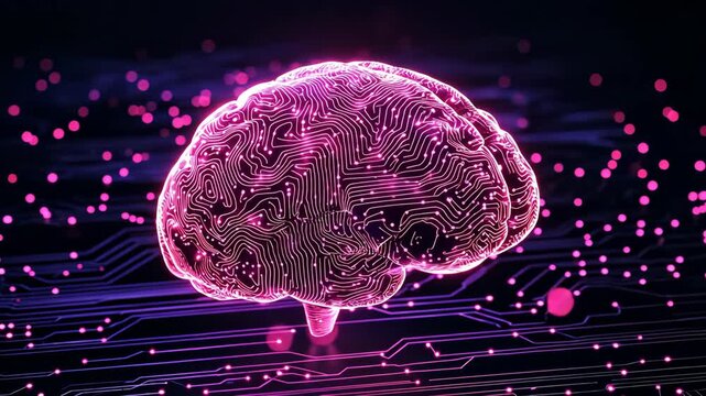 Glowing brain illustration with circuit board patterns. Futuristic concept with dots and lines, dark purple and pink