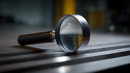 A magnifying glass rests on a textured metallic surface highlighting precision and detailed examination