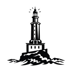 Lighthouse on Rocky Coast with Waves Vector Illustration