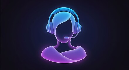 Abstract AI virtual assistant icon with headset and microphone, glowing neon gradient style