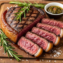Sliced Steak with Rosemary Garnish on Wooden Board with Sauce sliced meat beef