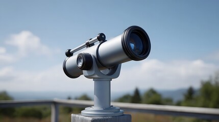 A stationary telescope offers a panoramic view of rolling hills and a cloudy blue sky on a bright day