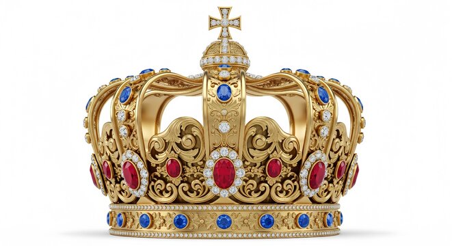 Luxurious golden royal crown decorated with red rubies, blue sapphires, and sparkling diamonds, isolated on white background