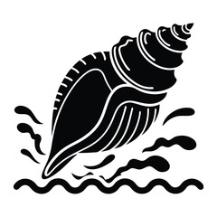 Black Silhouette Conch Shell with Waves Vector Illustration