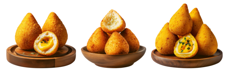 Fried Brazilian coxinhas cone snack filled shredded chicken cheese with golden crispy texture isolated on white background