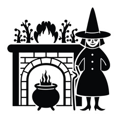 Witch with Cauldron and Fireplace Vector Illustration