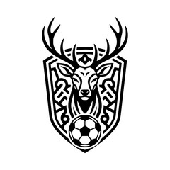 Deer head soccer logo with shield in black vector style.
