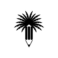 Pencil and tropical palm tree leaf silhouette logo illustration