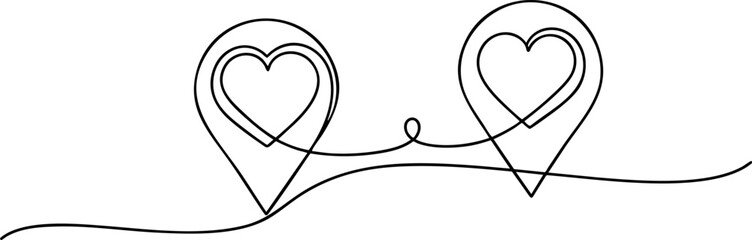 Continuous Line Art of Heart Map Pins for Travel and Romance Concept