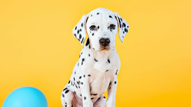 A serene Dalmatian puppy with closed eyes, black spots on white fur. The dog sits on a wooden surface against a vivid yellow backdrop