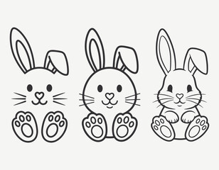 Obraz premium Three Cute Cartoon Bunny Heads Outline Vector Set - Easter Rabbit Line Art for Coloring and Kids Designs