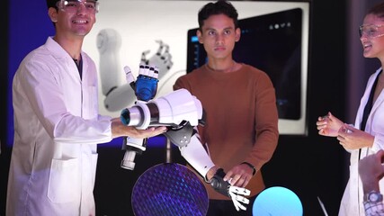 Research and development team collaborating on a biotechnology project in a modern facility. Professionals analyzing a mechanical robot prototype and microchip components. Innovation meeting for futur