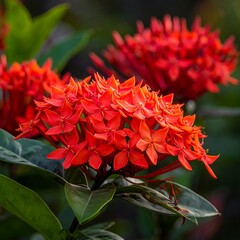 Close-up of vibrant, red flower clusters with green foliage