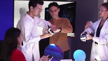 Research and development team collaborating on a biotechnology project in a modern facility. Professionals analyzing a mechanical robot prototype and microchip components. Innovation meeting for futur